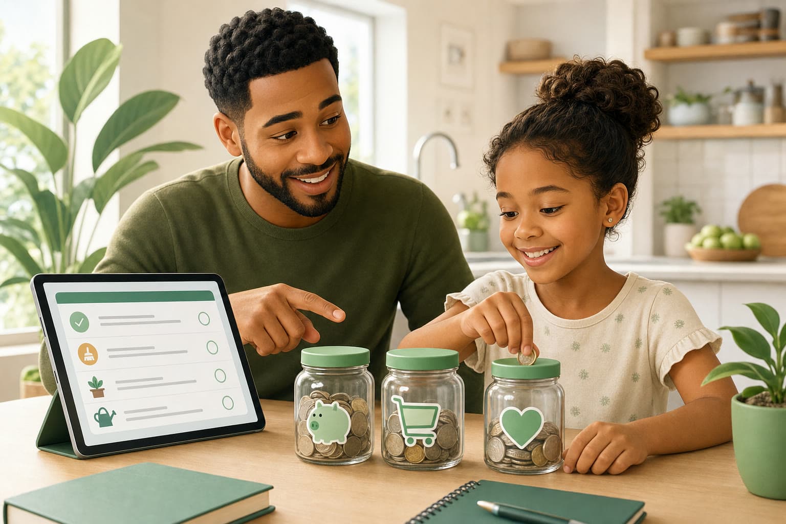 A parent helping their child manage allowance and savings
