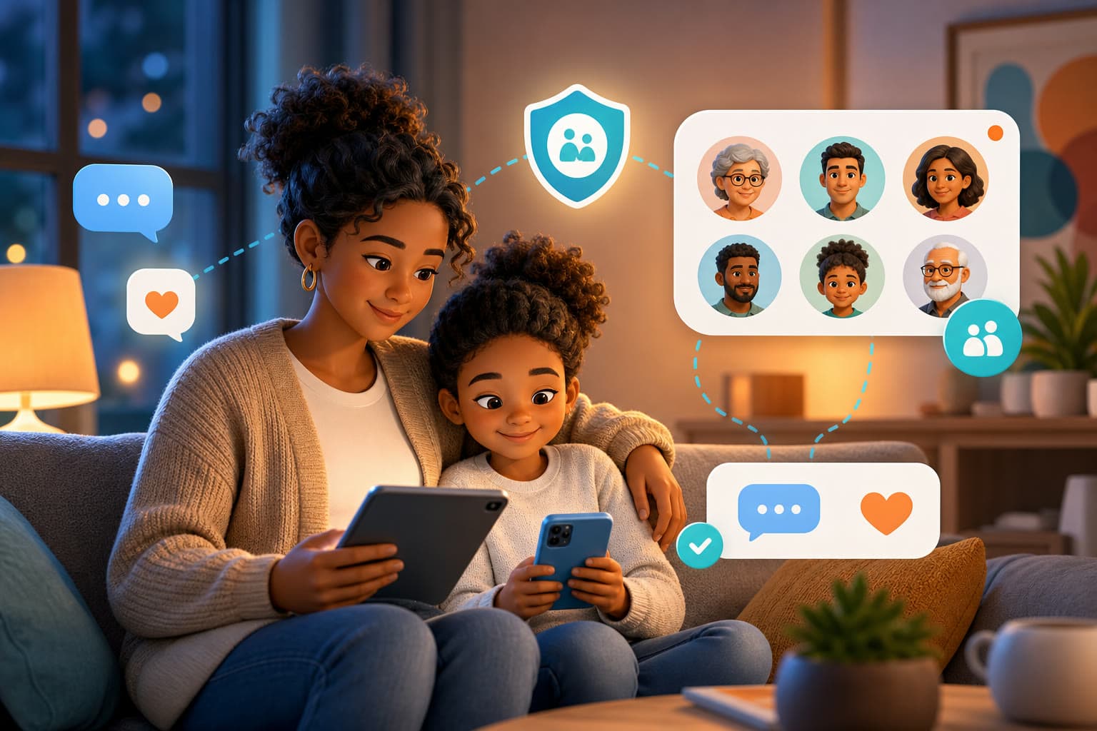A parent and child using devices for safe family messaging