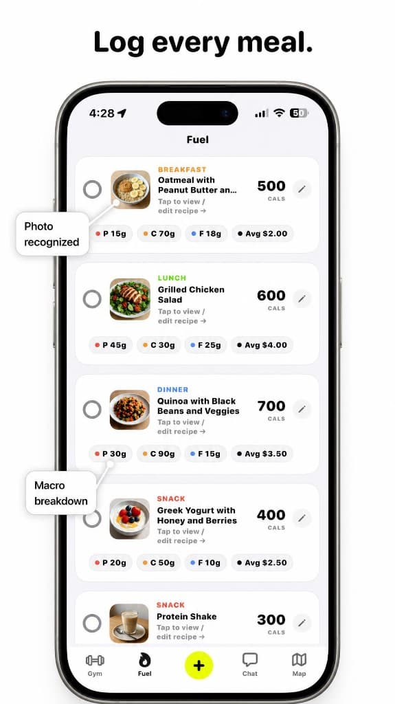 Ballr meals list with photo recognition and macro breakdown