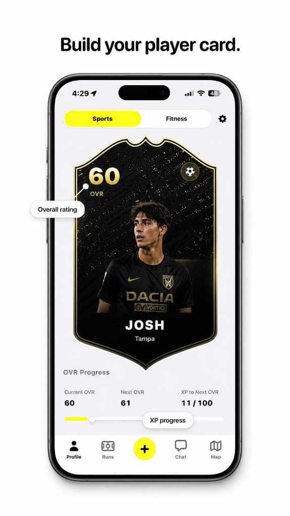 Ballr player card showing overall rating and XP progress