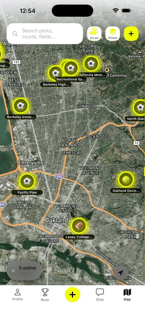 Ballr map showing nearby parks, courts, and fields