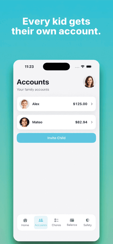 Earnly accounts list showing a separate balance for each child
