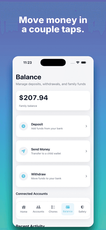 Earnly balance screen with deposit, send money, and withdraw actions