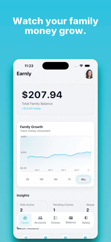 Earnly home screen with total family balance and a growth chart