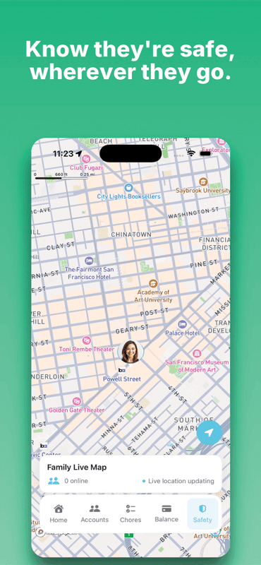 Earnly family live map showing a child's location in real time