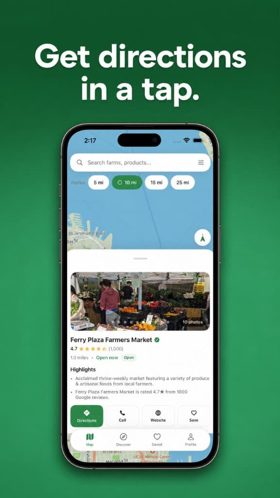 Freshys market detail card with directions, call, and website actions
