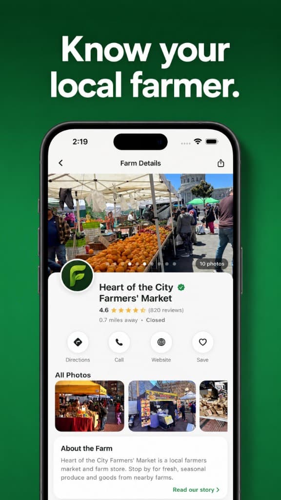 Freshys farm details page with photos, rating, hours, and story