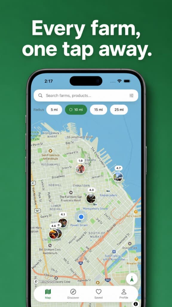 Freshys map showing nearby farms and markets with ratings