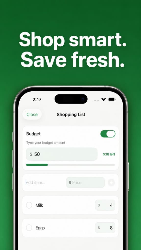 Freshys shopping list with a budget tracker and priced items