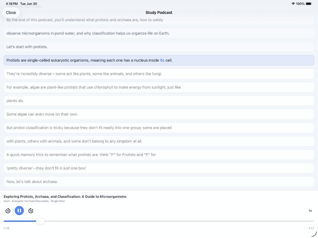 Scholars Notes AI study podcast with synced transcript