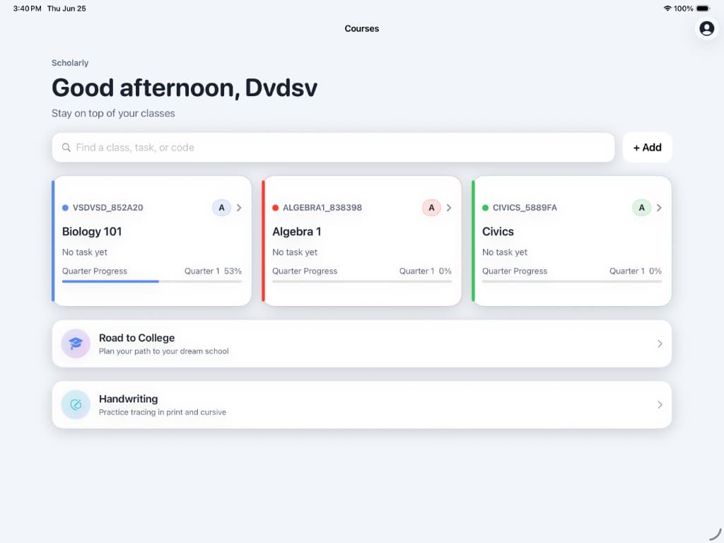 Scholars Notes dashboard with course cards and progress