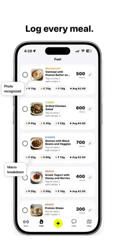 Ballr meals list with photo recognition and macro breakdown