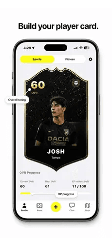 Ballr player card with overall rating, XP, and fitness progress