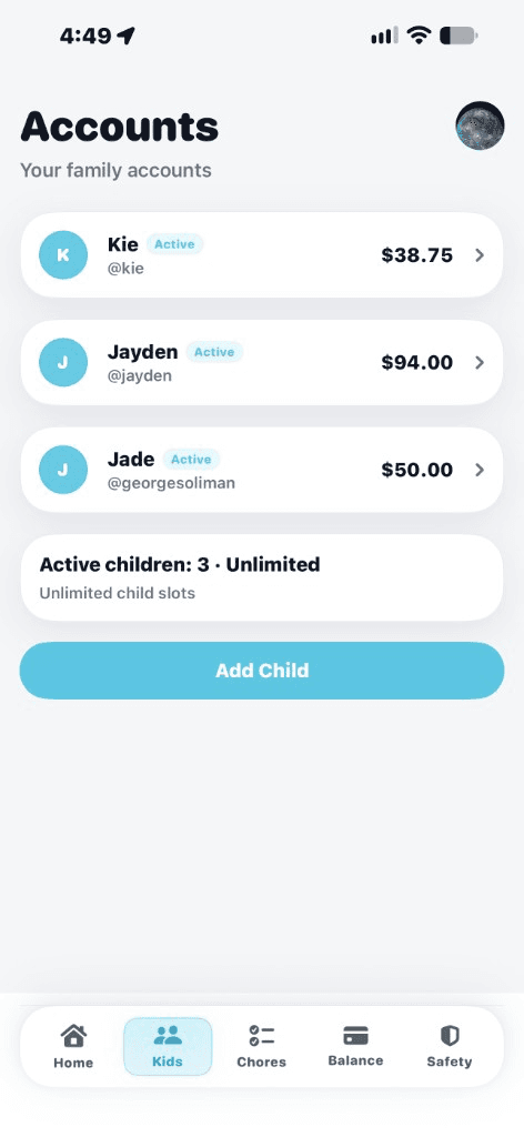 Earnly accounts list showing each child's balance