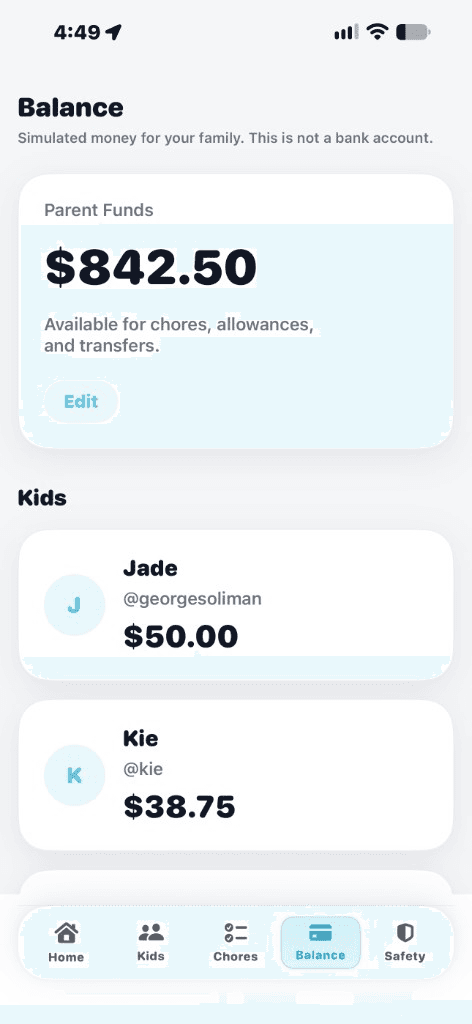 Earnly balance screen with parent funds and kid balances