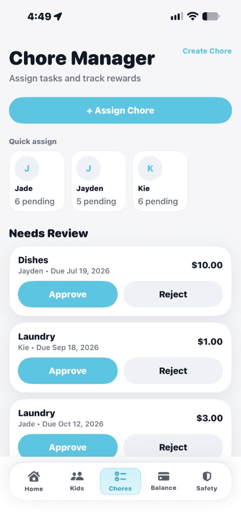 Earnly chore manager with quick assign and needs-review approvals