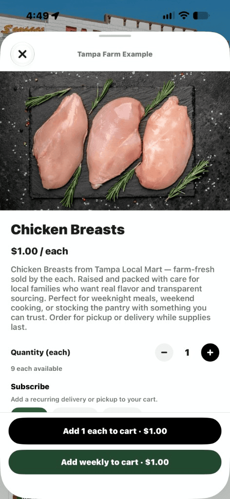 Freshys product detail for chicken breasts with subscribe options