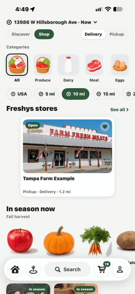 Freshys discover screen with local farms near you