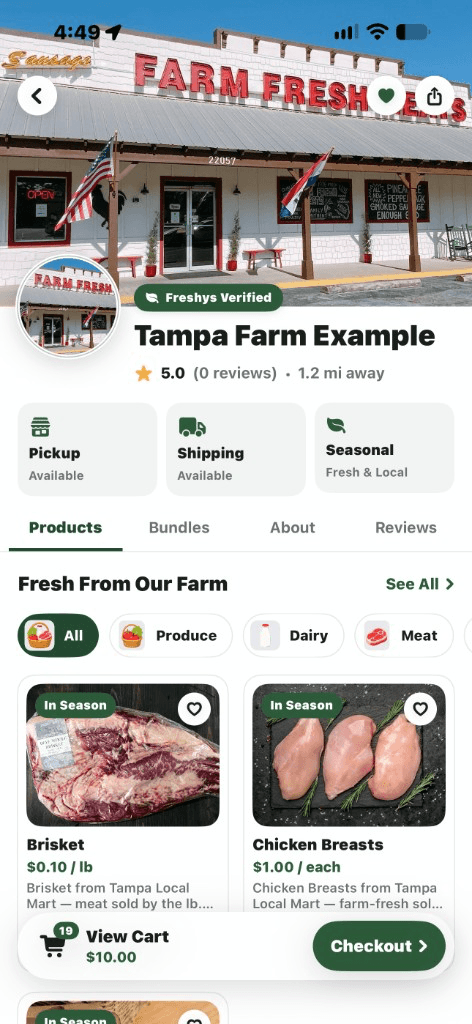 Freshys farm store page with verified badge and farm products