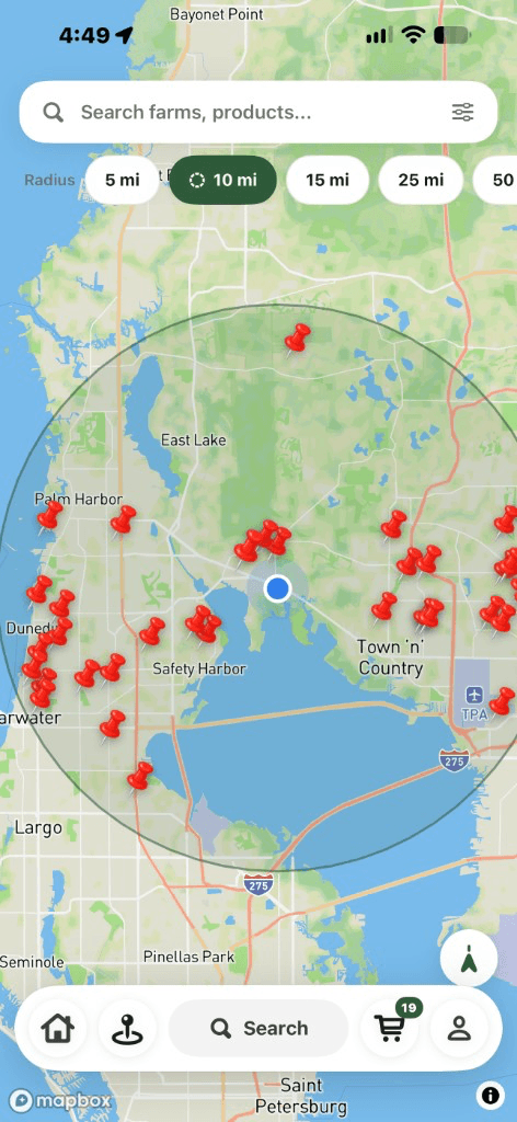 Freshys map showing nearby farms within a delivery radius