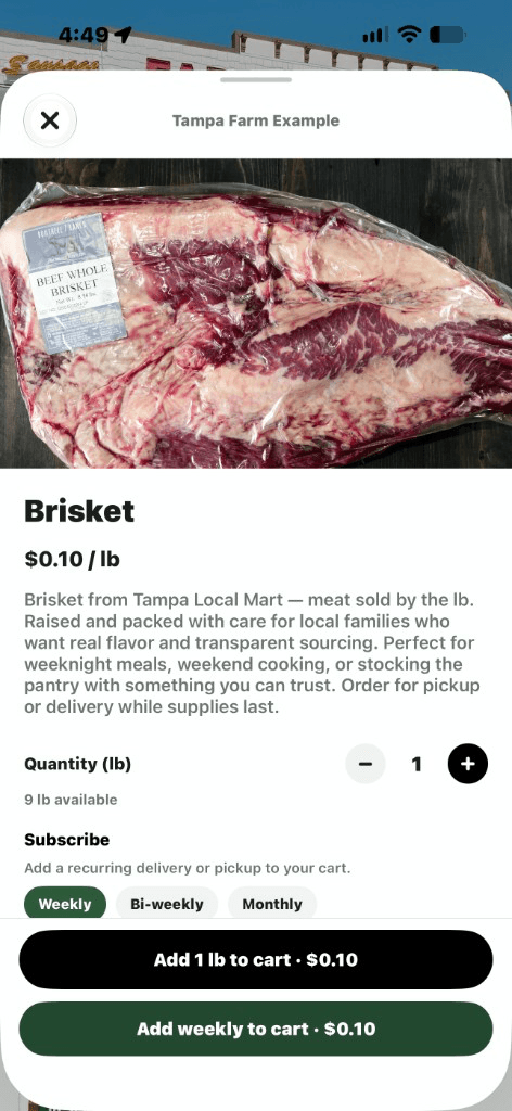 Freshys product detail for brisket with weekly subscribe options