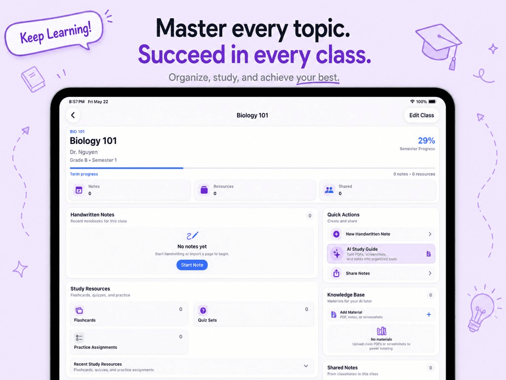 Scholars Notes Biology 101 class hub with notes, resources, and quick actions