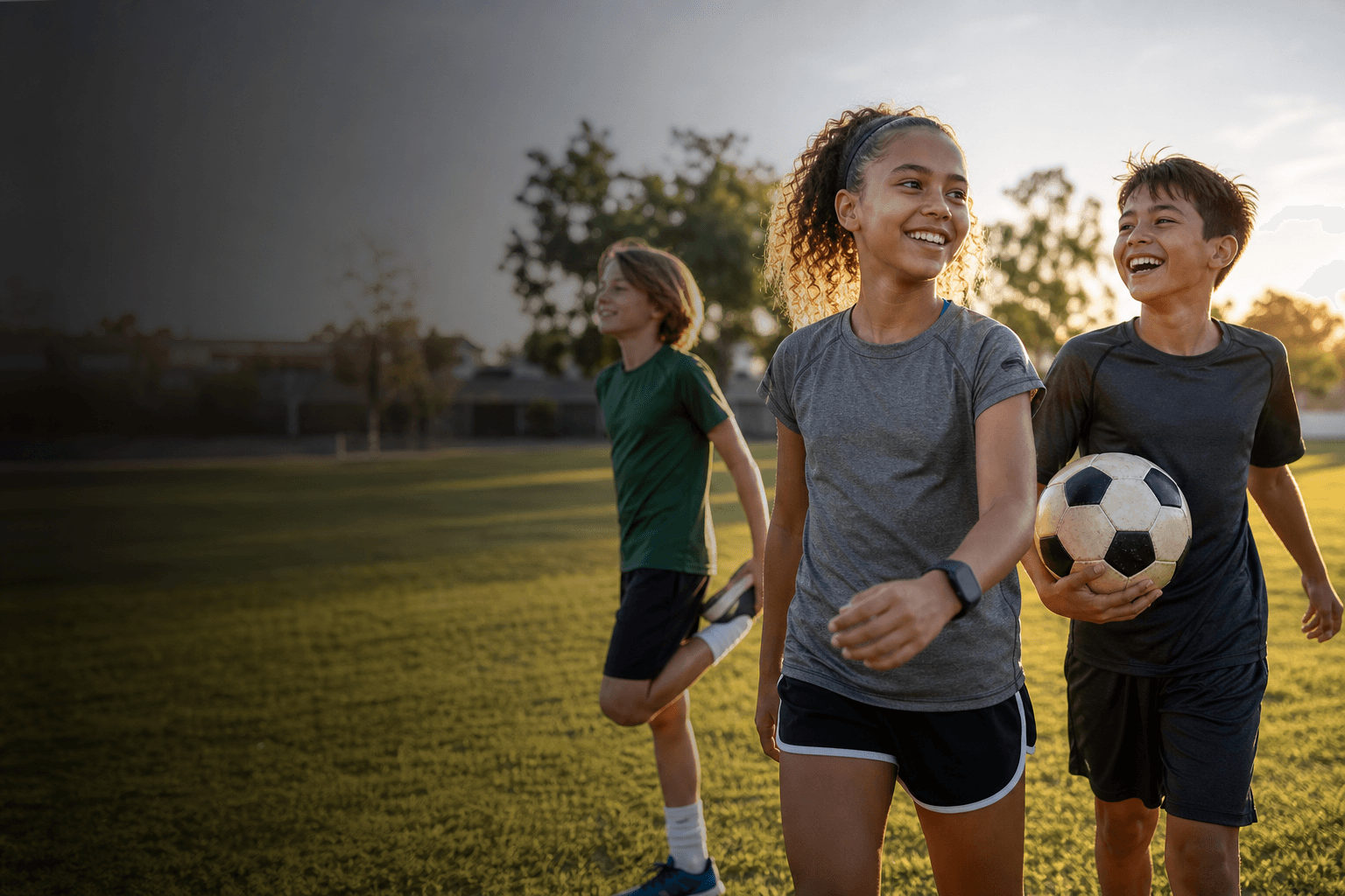 Three kids laughing on a soccer field at sunset