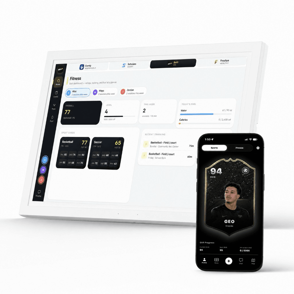 Genlyn Hub Ballr fitness dashboard with player cards and fuel tracking
