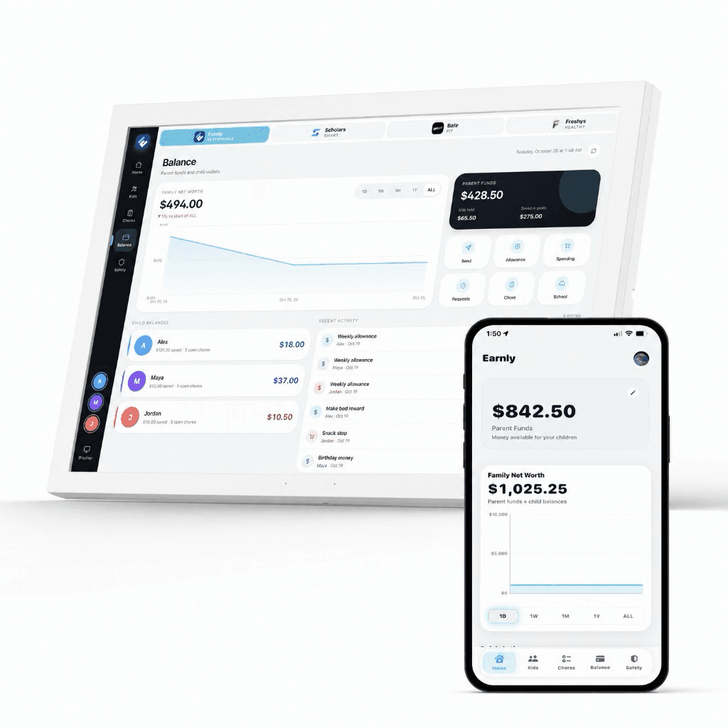 Genlyn Hub Earnly balance dashboard with parent funds and kid wallets