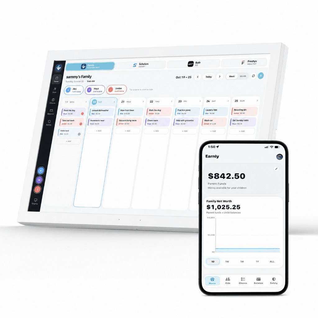Genlyn Hub Earnly view with family chore calendar on tablet and phone